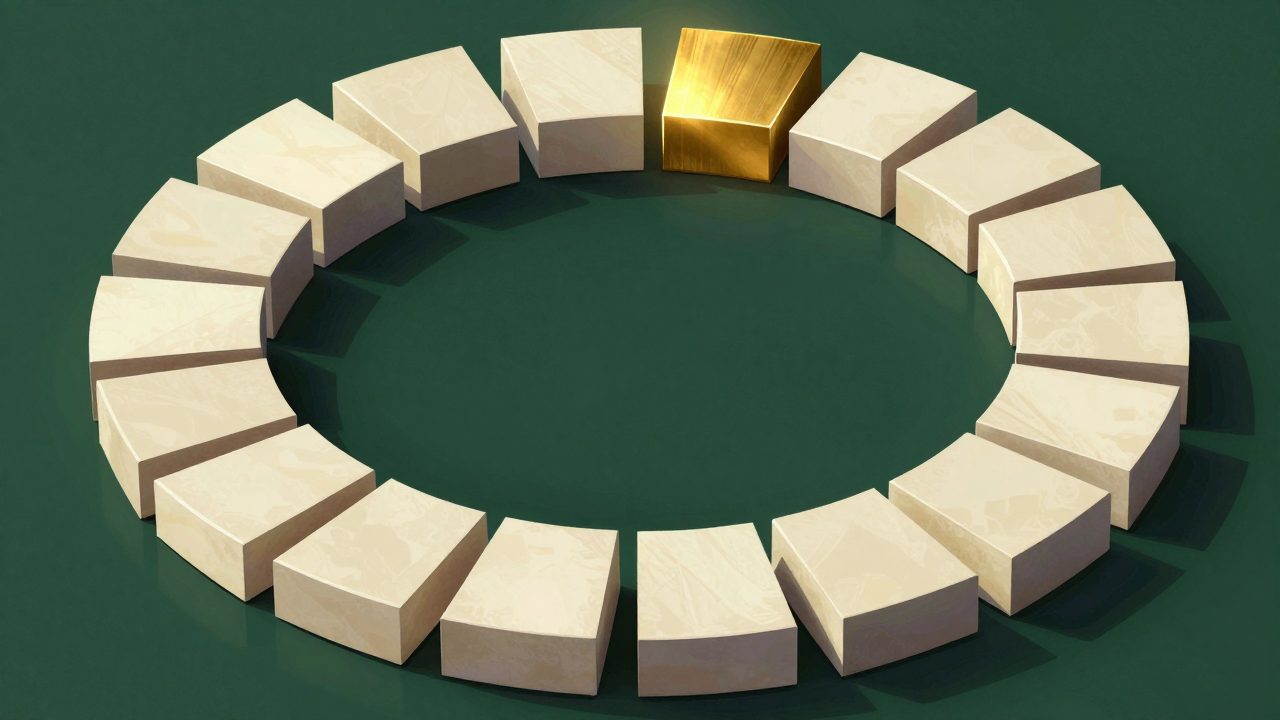 Abstract illustration of twelve ivory segments forming a ring with one lifted and lit gold, representing a monthly cycle and what it costs
