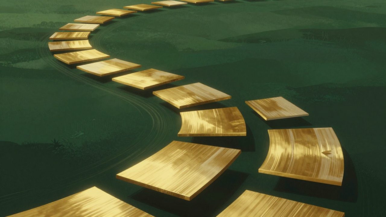 Abstract illustration of thin ivory sheets advancing along a curved path and brightening to gold, representing an invoice moving from draft to cleared