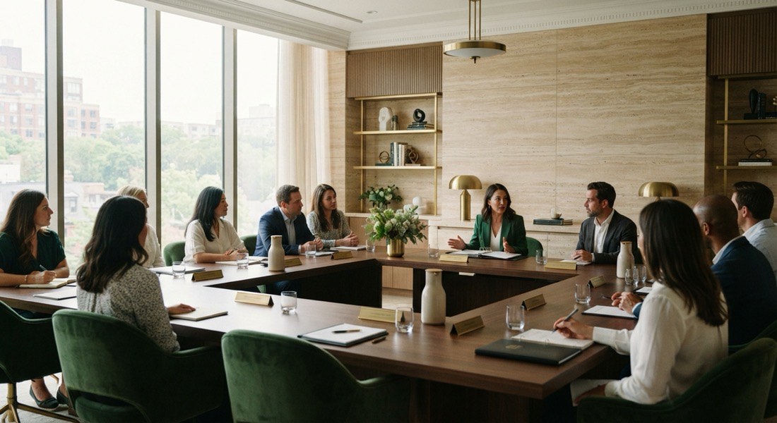 Elegant condominium function room set for a residents meeting in warm daylight
