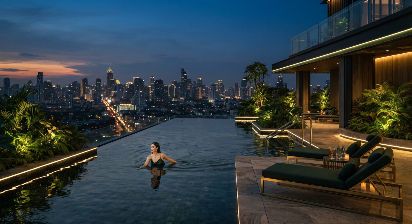 Elegant rooftop infinity pool at a luxury condominium at dusk with city skyline