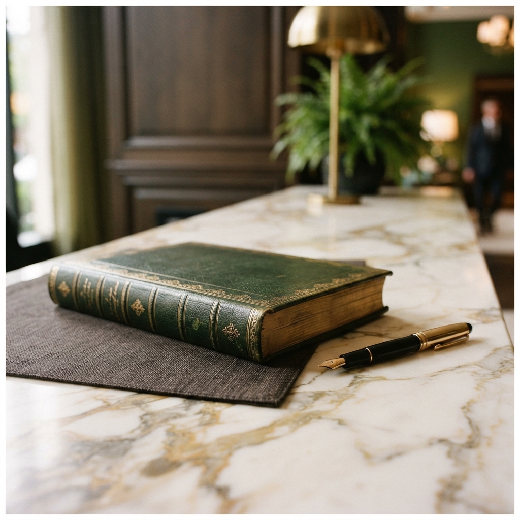 A leather-bound ledger and fountain pen resting on a marble reception counter