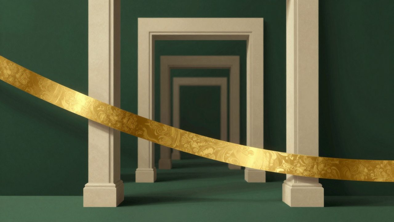 Abstract illustration of a gold ribbon threading through a receding line of ivory gateway frames, representing a phased rollout
