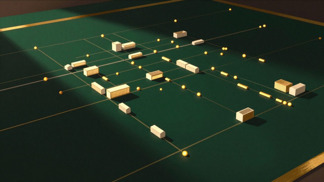 Abstract illustration of small glowing gold markers scattered across a dark plane, representing different kinds of estate managed from one desk