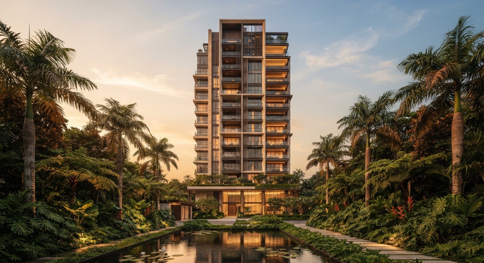 Modern residential condominium tower at golden hour set among lush tropical landscaping and a reflecting pool